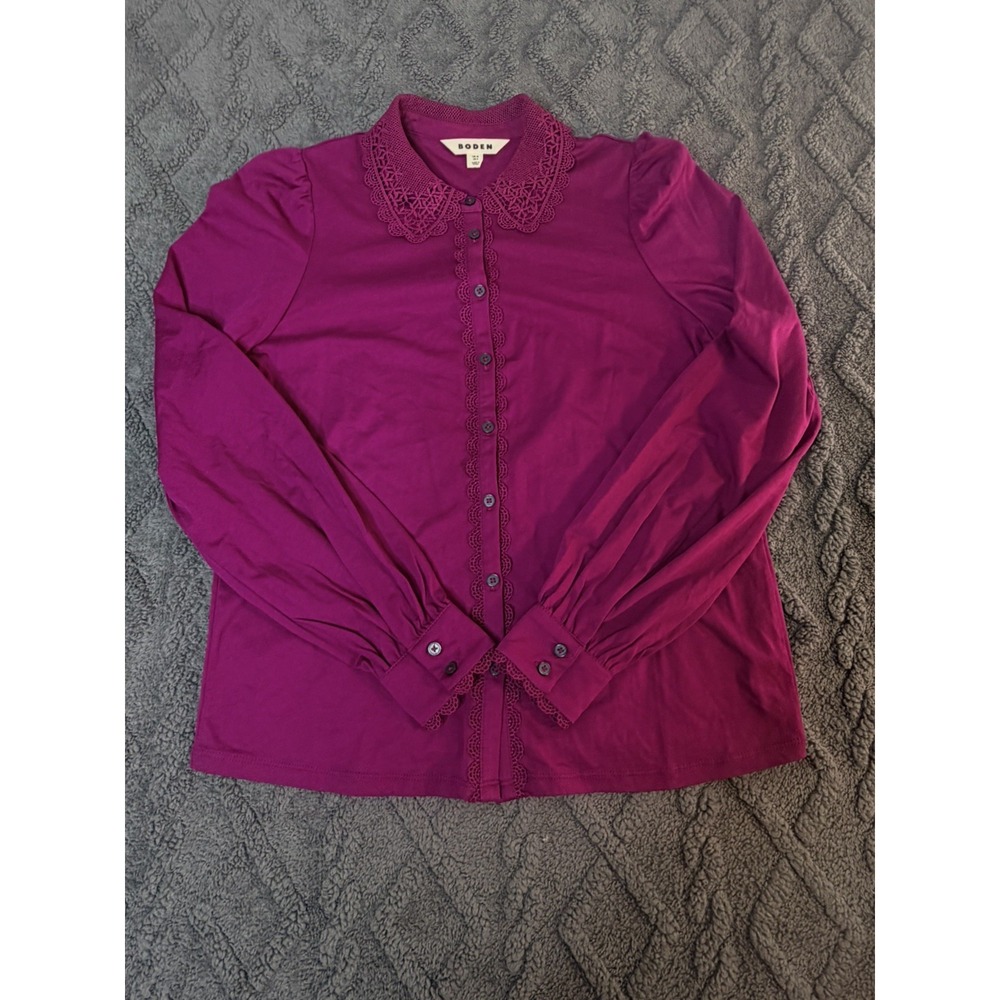 Boden Womens US 6 Pink Magenta Lace Collar Button Front Blouse Puff Sleeve Top